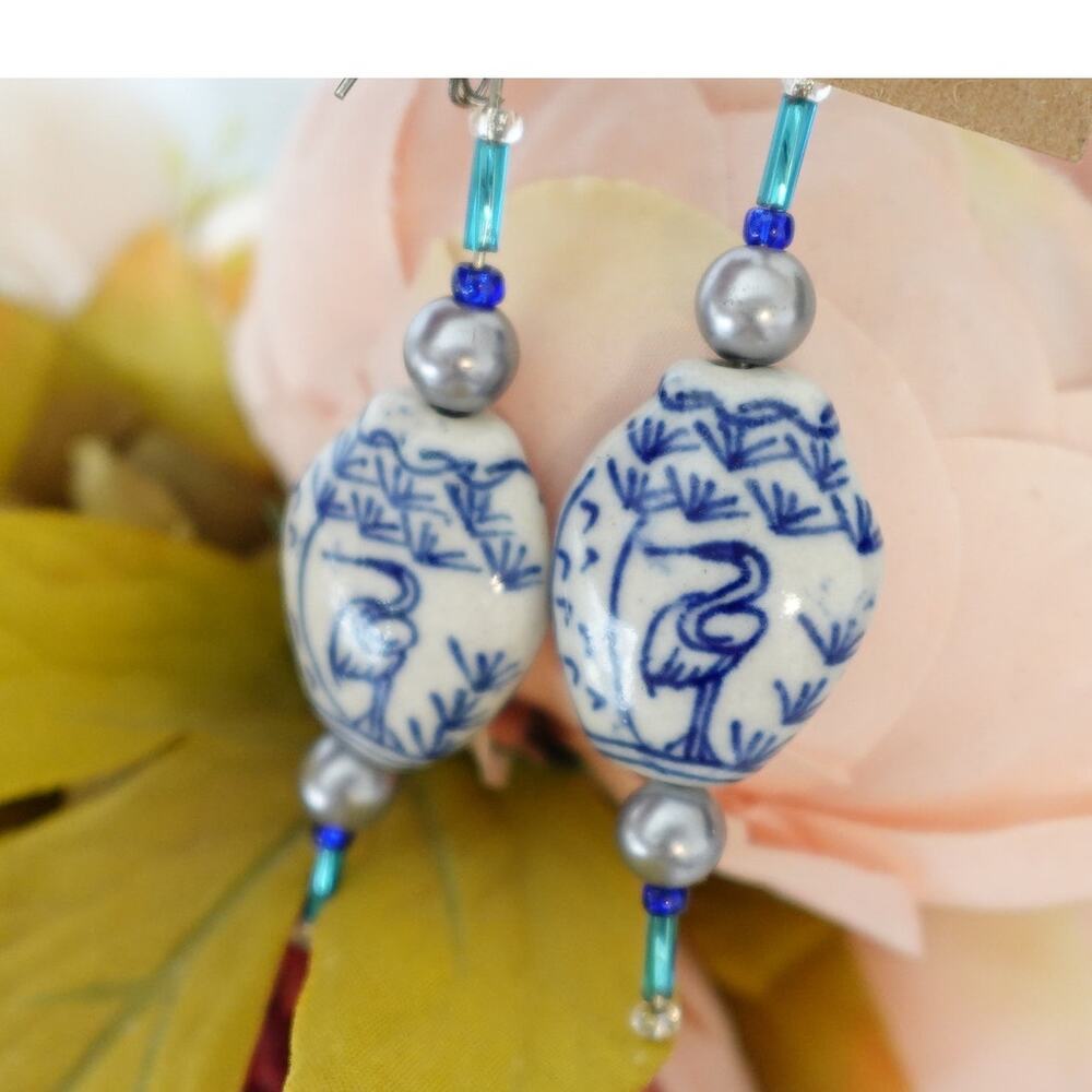 NEW Blue and White Crane Beaded Earrings